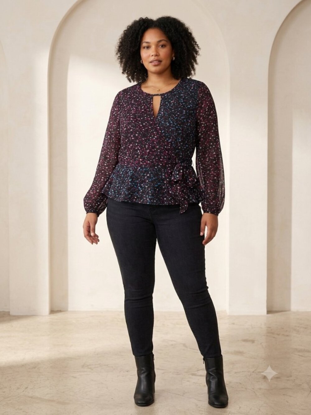 1.STATE Chiffon Faux Wrap Peplum Blouse in Floral Black